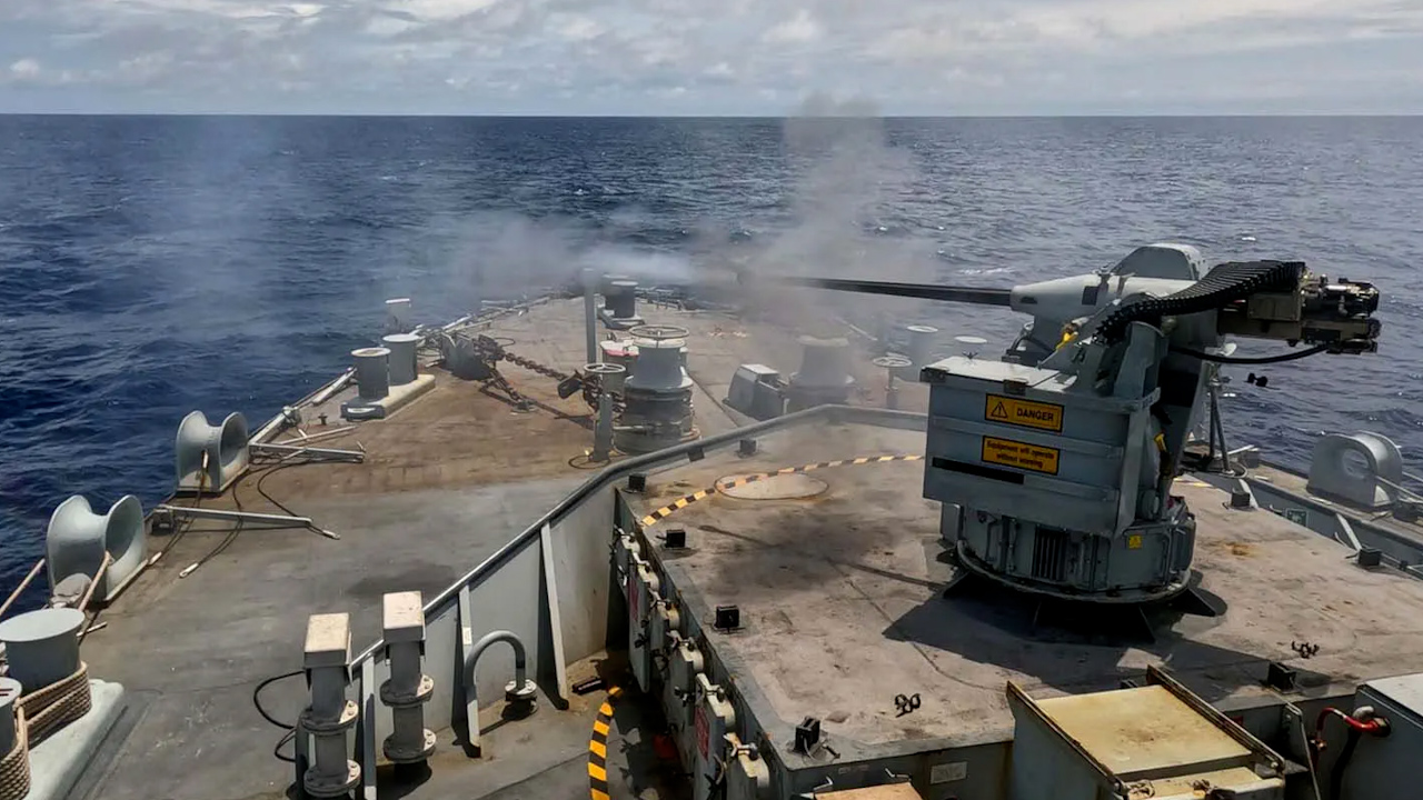 HMS Spey showed off its 30mm cannon during Exercise La Pérouse, led by the French Navy’s carrier strike group east of Suez (Picture: Royal Navy)