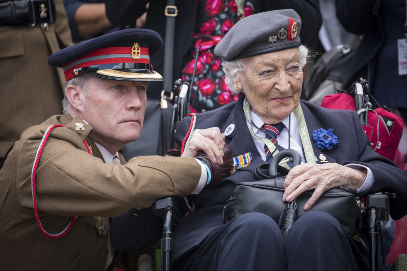 Vera Hay, aged 96, who was a nursing sister in the Queen Alexandra's Imperial Military Nursing Service and landed on Gold Beach shortly after D-Day, at the 75th anniversary of the D-Day Landings.