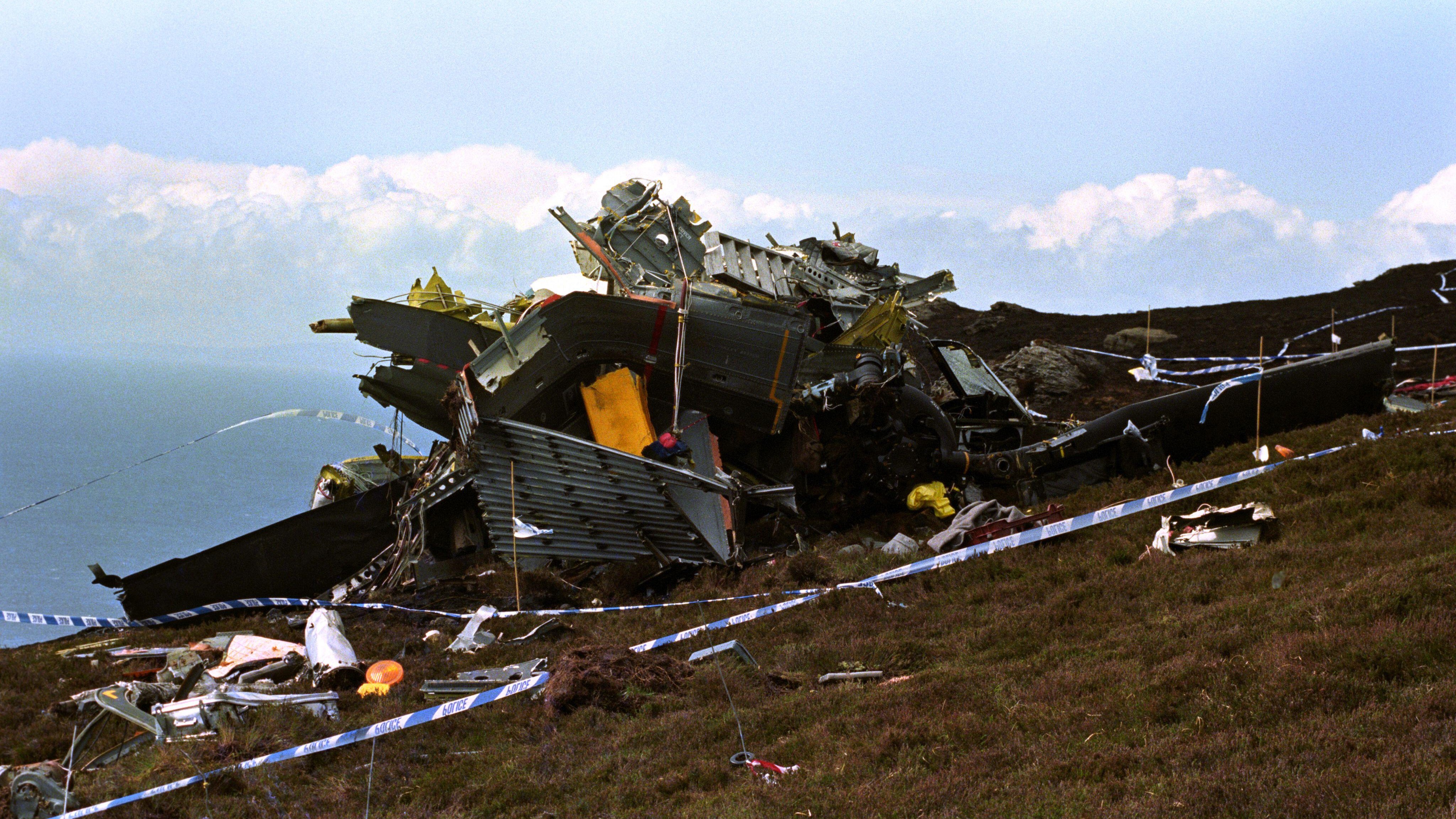 The wreckage of the RAF Chinook helicopter on the hillside (Picture: PA Images/Chris Green)