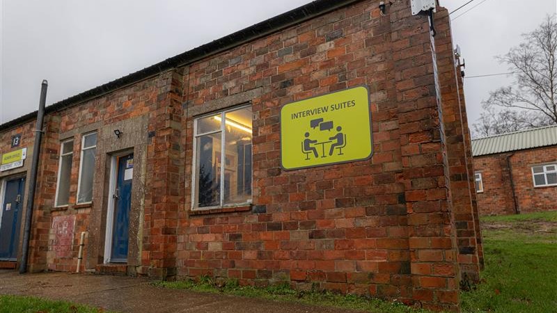 Outside of an interview suite at Crowborough Training Camp, East Sussex