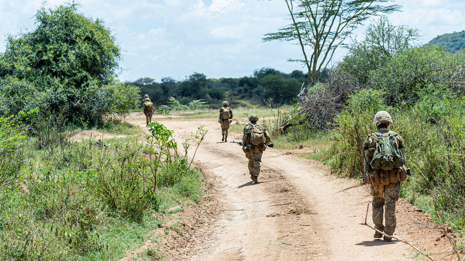 3rd Battalion Parachute Regiment 3 PARA soldiers move to their next location using a dirt road during a live firing platoon level attack Exercise in Kenya Image ID 45166120 CREDIT Crown Copyright 2020