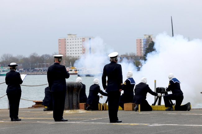 41 Death Gun Salute fired from ceremonial 3lb guns at Portsmouth to mark the death of the Duke of Edinburgh Prince Philip 100421 CREDIT MOD