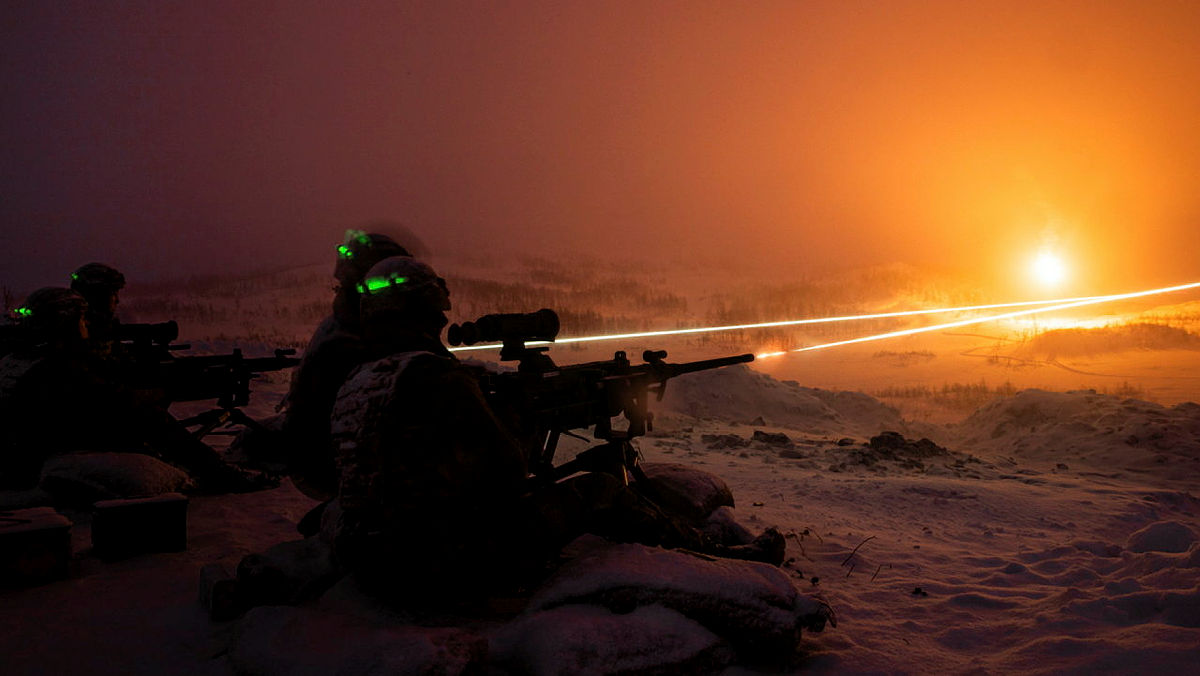 45 Commando training part of 3 Commando Brigade Norway with GPMG, heavy machine gun, grenade machine gun