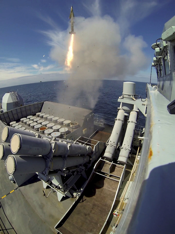 A Sea Wolf surface to air missile leaves the launcher onboard Type 23 frigate HMS Montrose during an exercise in the Falklands Crown Copyright