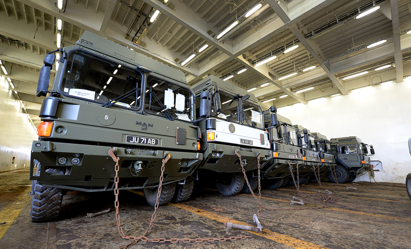 RLC Support Vehicles are loaded at Marchwood Military Port (MMP). Credit: Shane Wilkinson, Crown Copyright