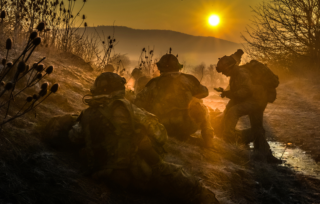 Pictured are Officer Cadets from Royal Military Academy Sandhurst (RMAS) on Exercise Dynamic Victory at Grafenwoehr & Hohenfels Training area, Bavaria, Germany.