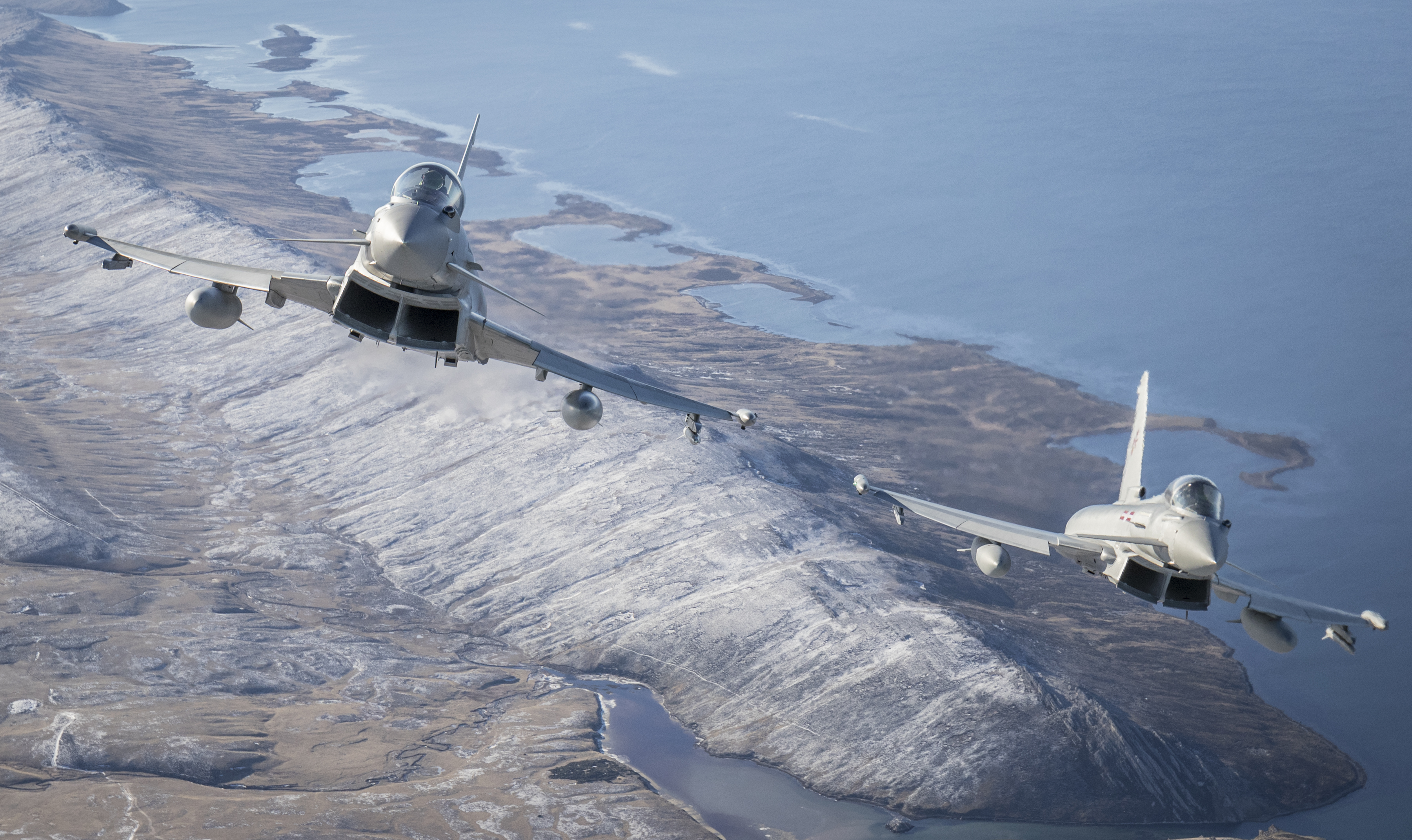 1435 Flight Typhoon FGR4 pair flying over West Falkland island during a routine training flight.