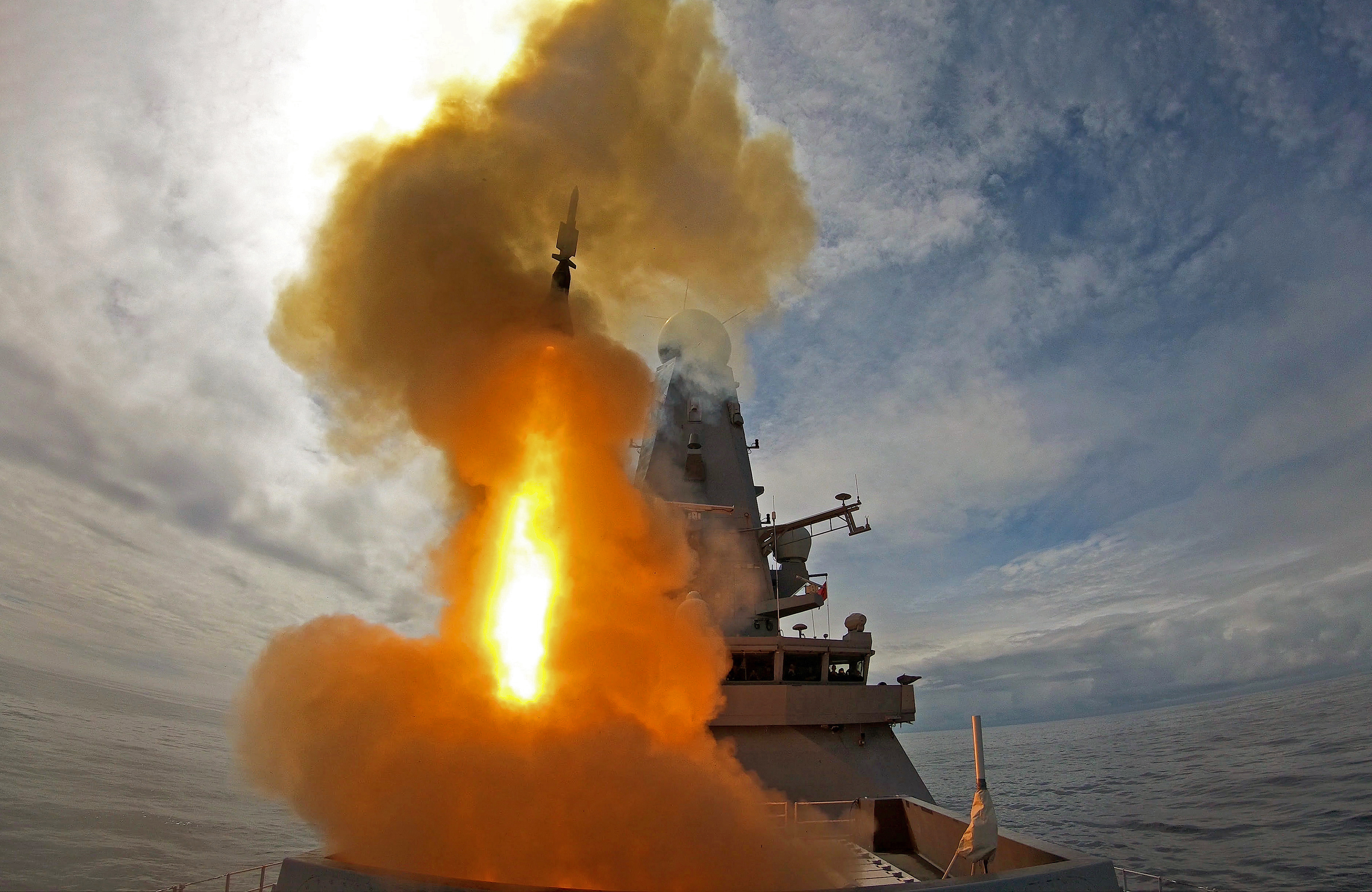 HMS Defender using her Sea Viper air missile defence system during Exercise Formidable Shield