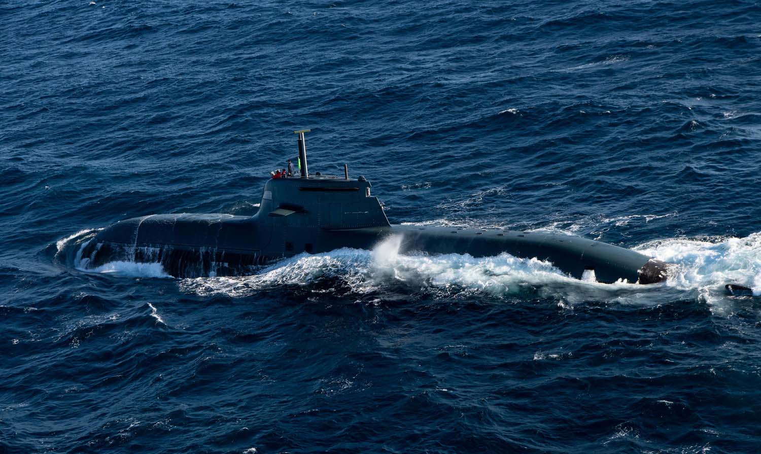 An aerial view of a submarine on Exercise Dynamic Manta (Picture: Royal Navy).