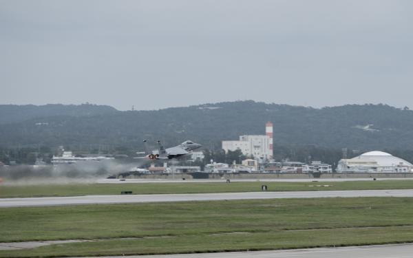 A U.S. Air Force F-15C Eagle takes off for a joint training mission flying in the vicinity of Okinawa