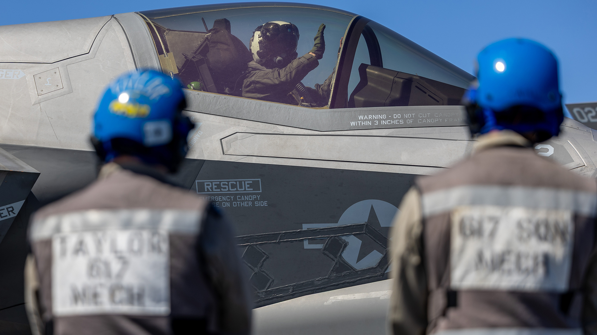 The line team from 617 Squadron gets ready to hot pit refuel the US Marine Corps Lightning II