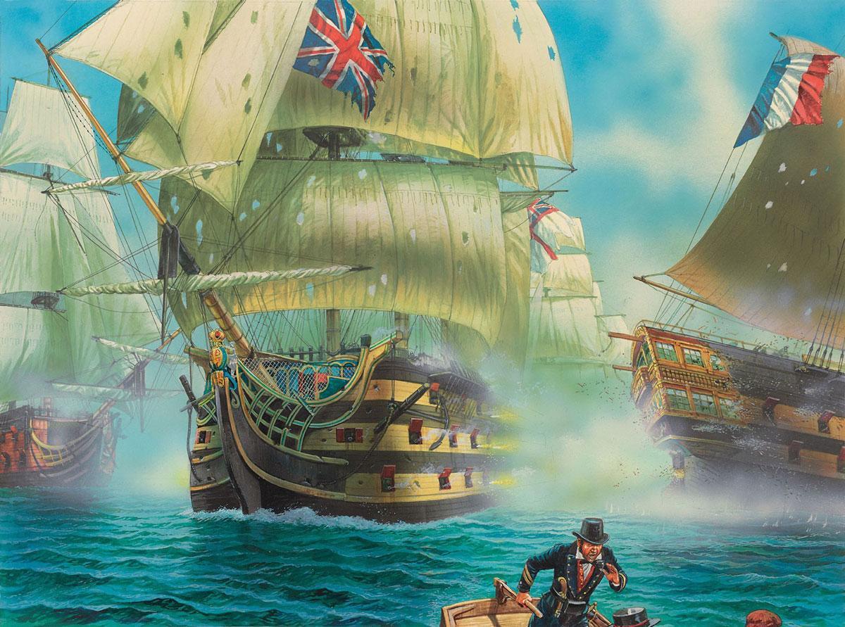 An illustration of HMS Victory raking the Redoubtable and Bucentaure during the Battle of Trafalgar