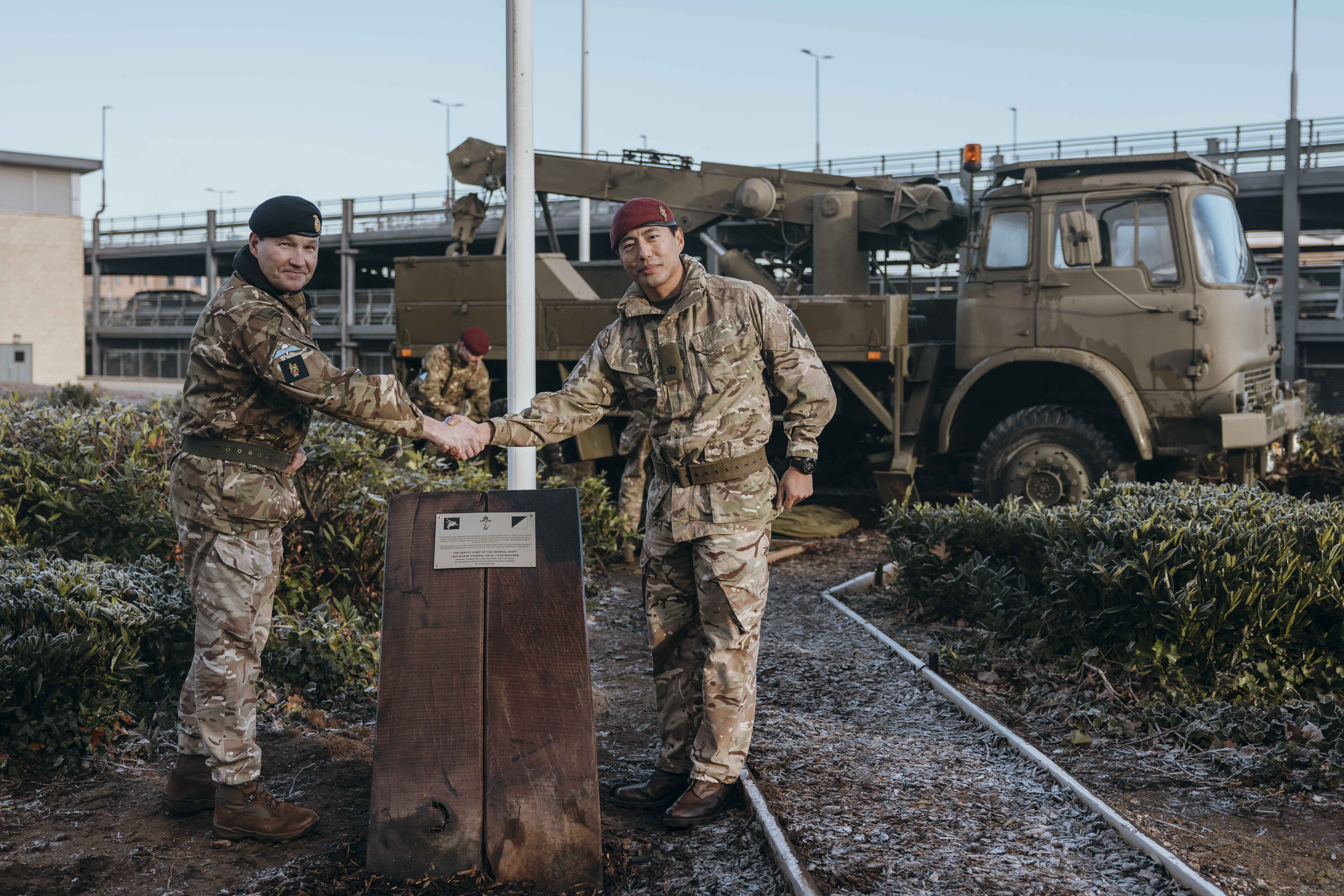 A Bedford Light recovery vehicle being unveiled as a gate guardian at Merville Barracks in Colchester
