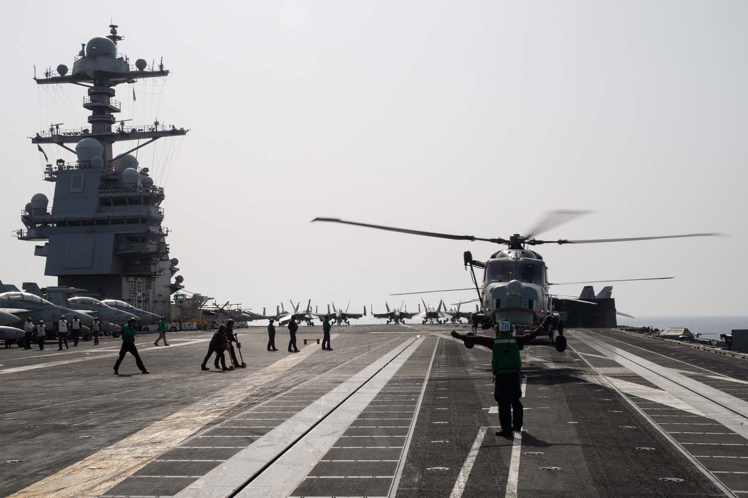 A British Royal Navy Commando Wildcat AH1 lands on the flight deck of USS Gerald R Ford 310723 CREDIT ROYAL NAVY