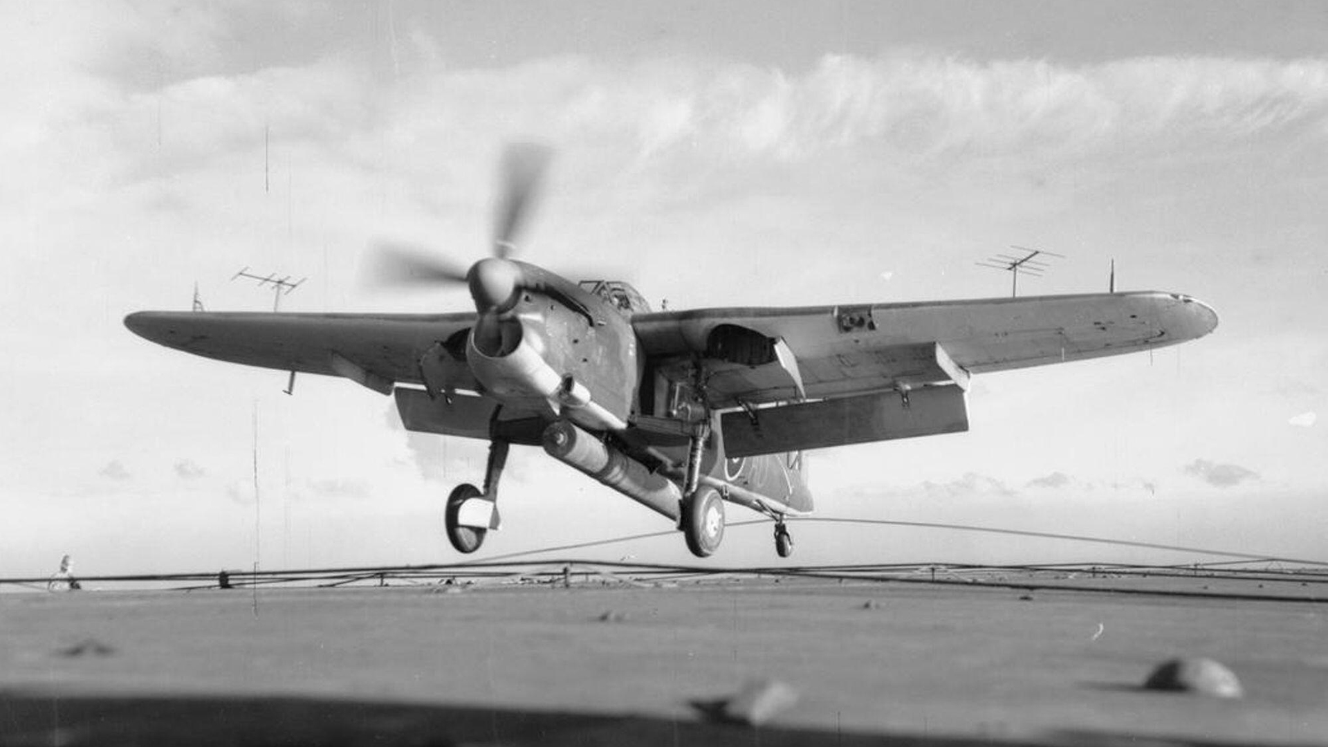 This Fairey Barrcuda comes in to land on HMS Vengeance - the type was flown by both the Fleet Air Arm and the RAF