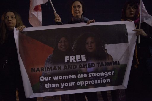A Greek woman during a rally in support of Ahed and Nariman Tamimi (Image: PA).