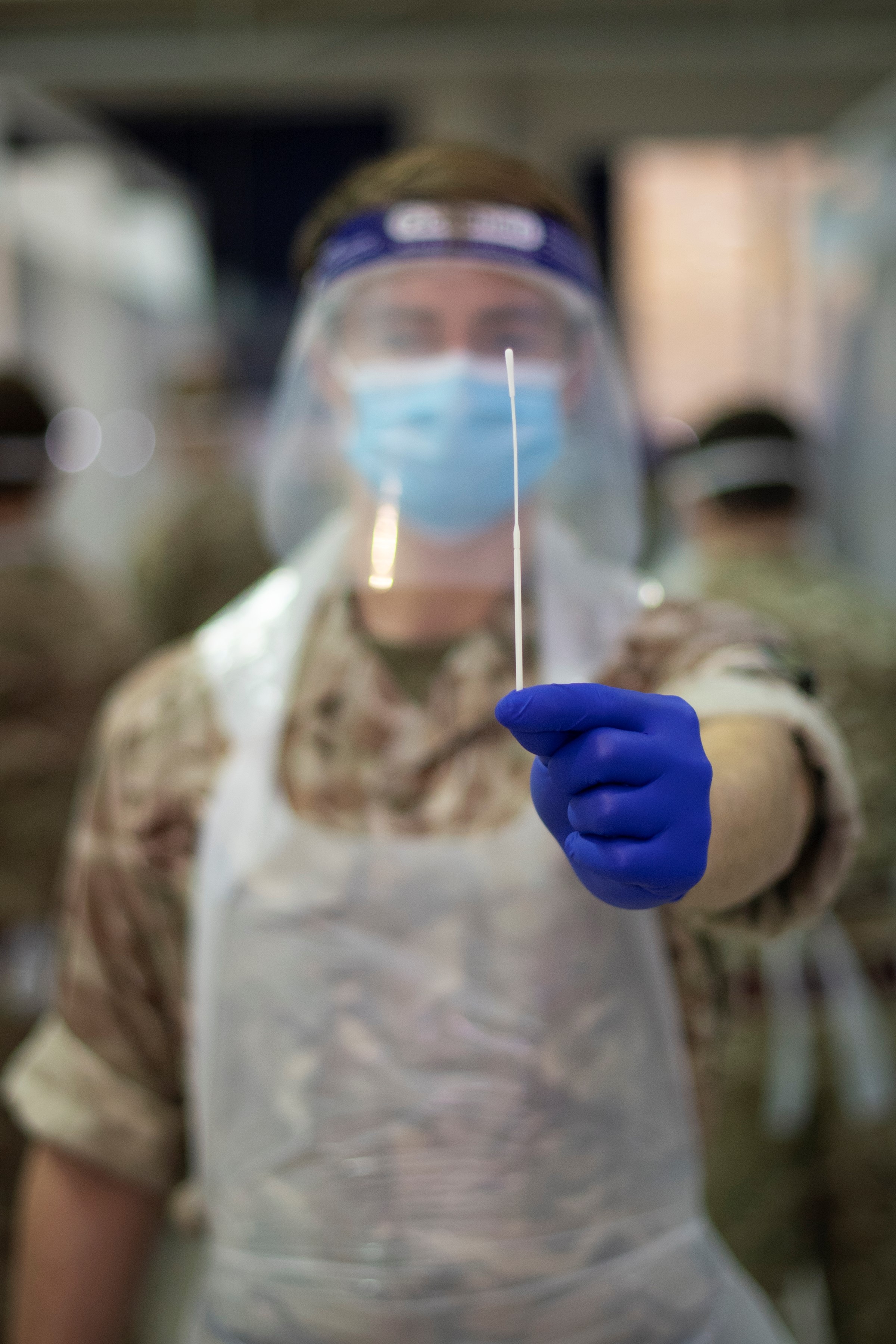 A Medway Resilience Unit soldier displaying the coronavirus testing swab (Picture: MOD).