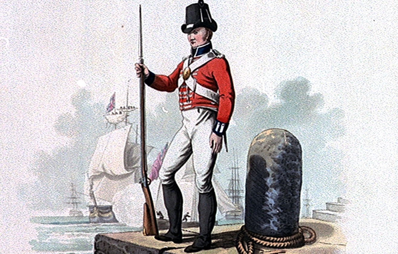 A picture of a Royal Marine private in 1815 shown on a dock