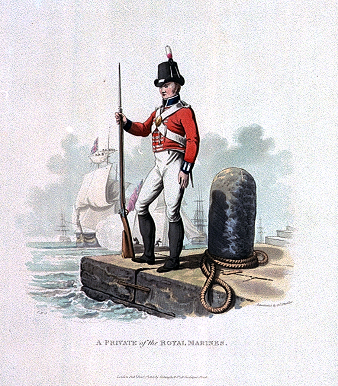 A picture of a Royal Marine private in 1815 shown on a dock