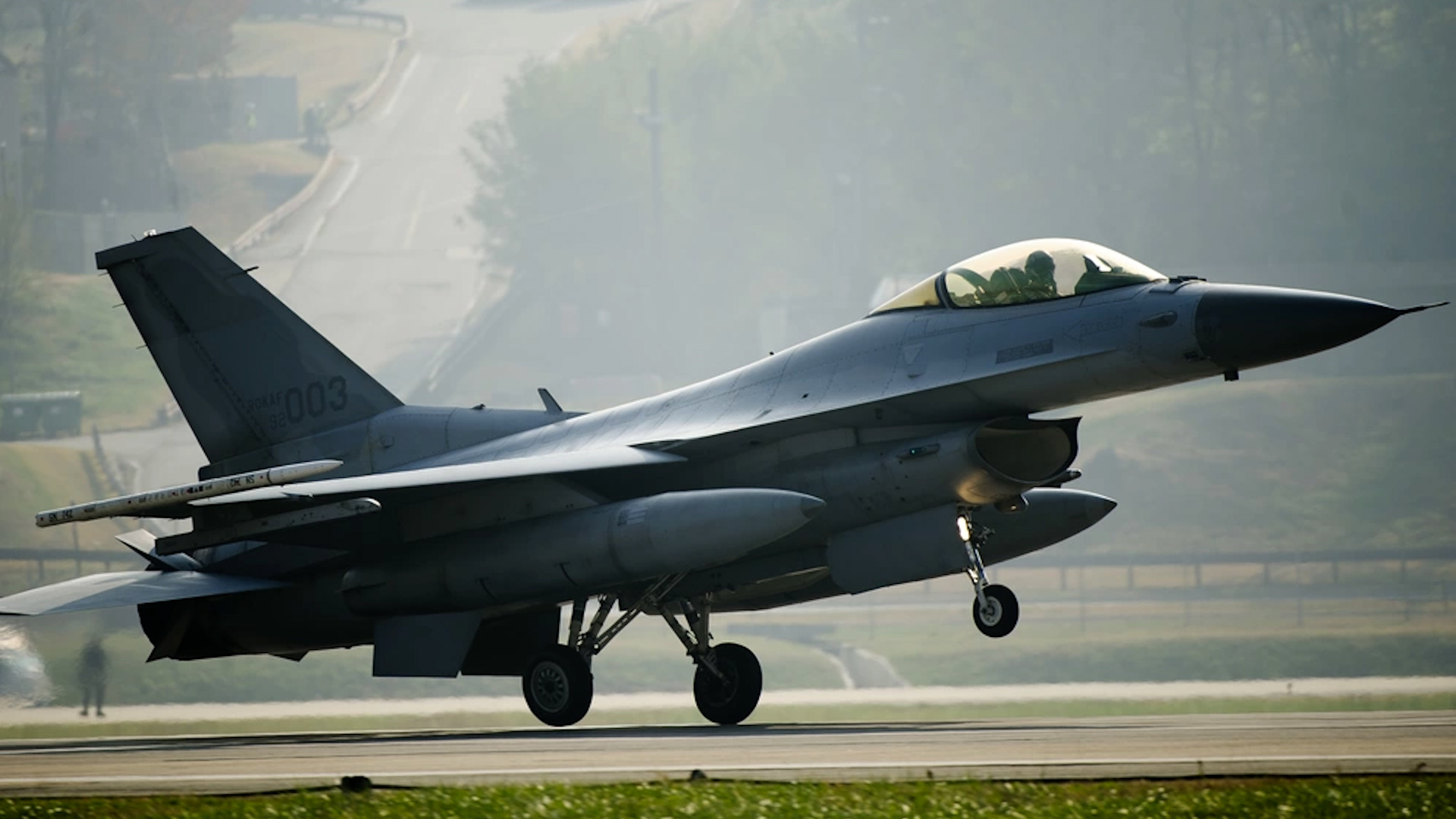 A Republic of Korea Air Force F-16 Fighting Falcon lands during Invincible Shield on Osan Air Base (Picture: US Department of Defense).