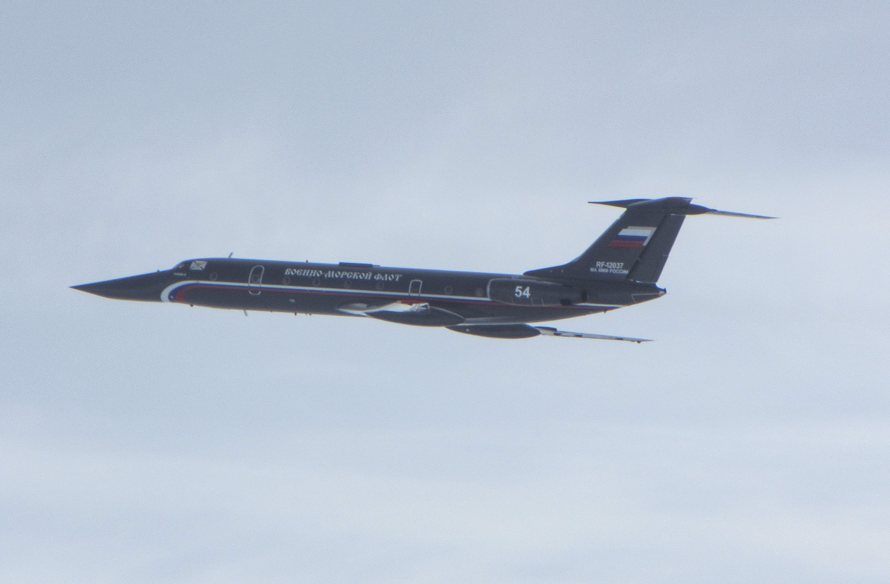 A Russian Tupolev TU-134 Crusty transport aircraft being intercepted 060819 CREDIT MOD