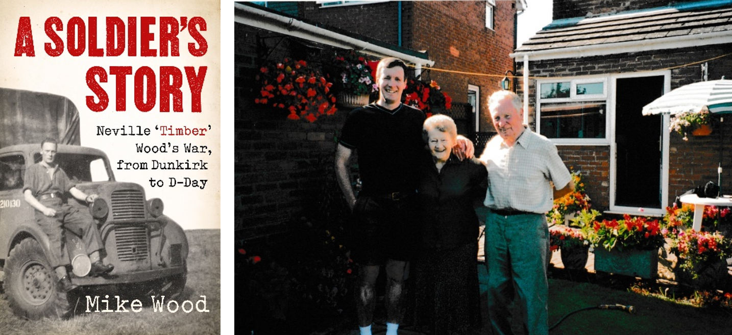 Book cover of A Soldiers Story by Mike Wood and photo of Mike with Neville Wood World War 2 veteran, and his mother