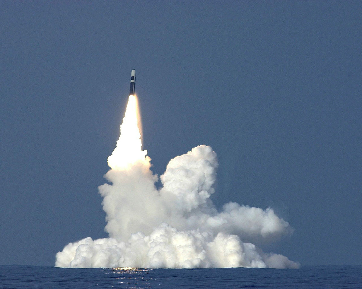 A Trident II D5 Missile breaking the surface, having been fired from HMS Vanguard a Strategic Missile Submarine 101005 UK MOD © Crown copyright 2005