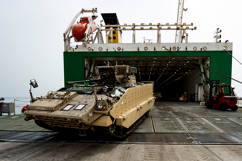 A Warrior disembarks from the UK ‘RoRo’ ship in Duqm (Picture: MoD).