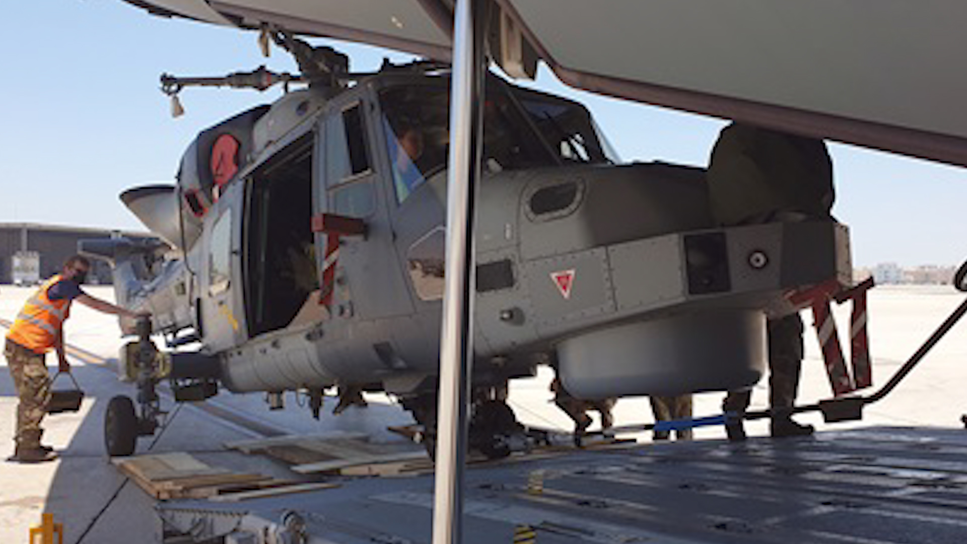 A Wildcat helicopter is transported to the Gulf where it will use new software to assist HMS Montrose and HMS Argyll in operations (Picture: Royal Navy).