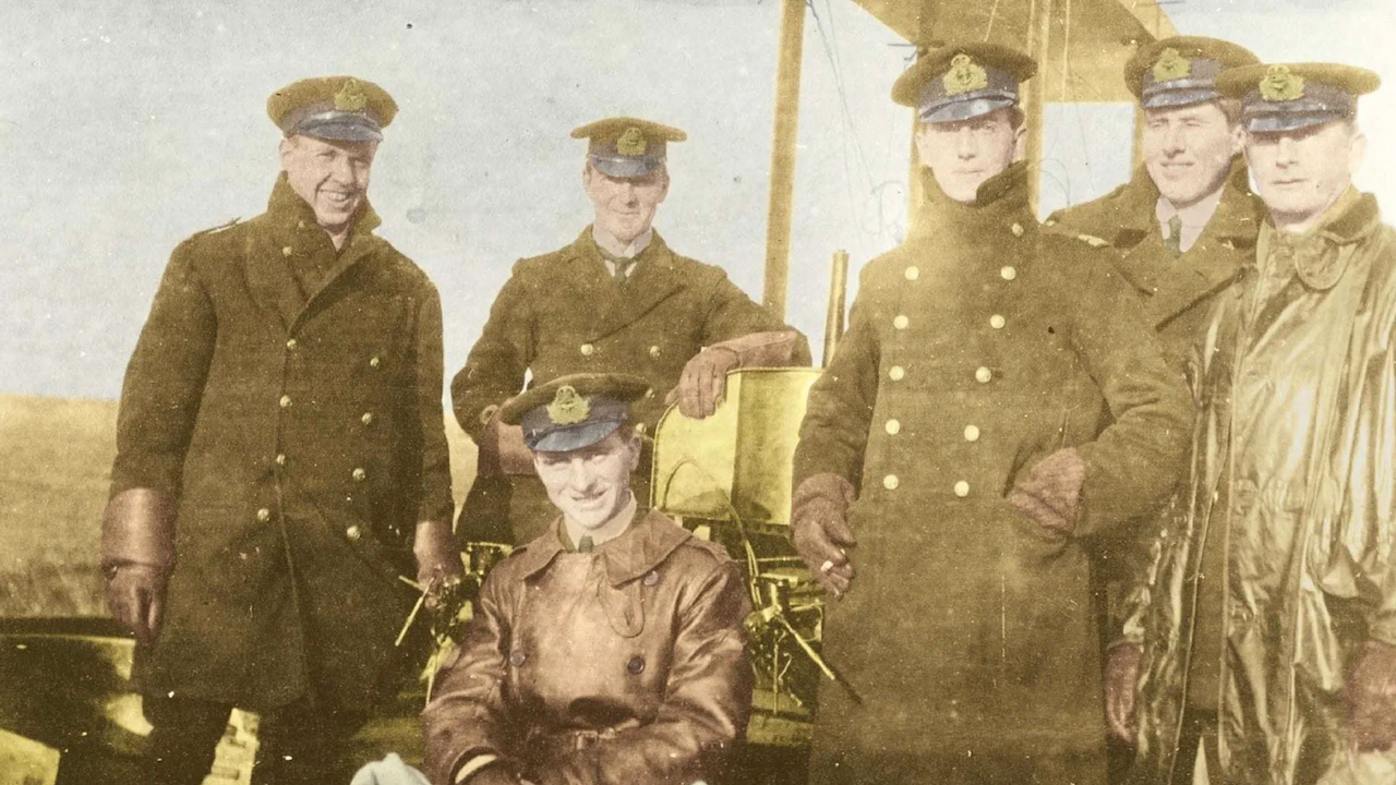 A colourised glass plate of early RNAS aviators who served during the Great War (Picture: Royal Navy)