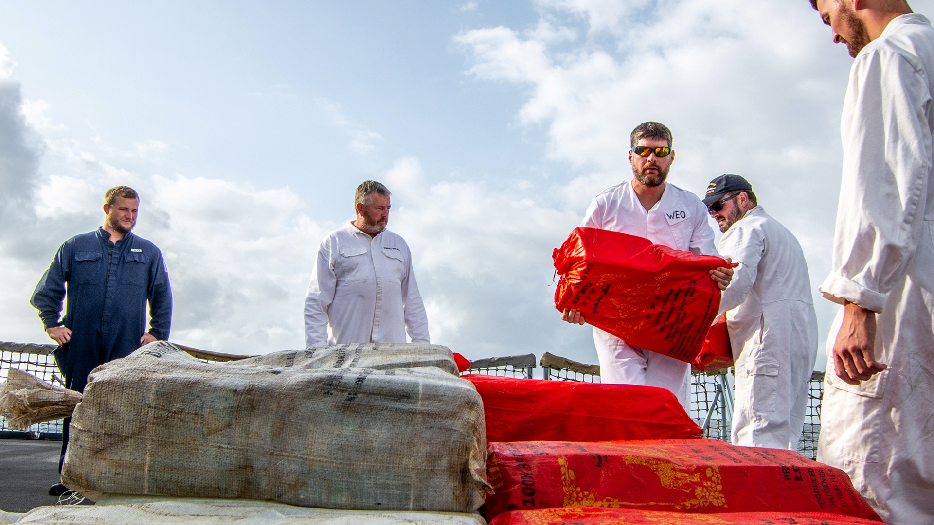 A drugs haul laid out on HMS Montrose's flight deck 