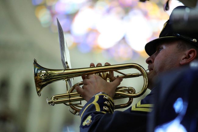 A member of the Central Band of the Royal Air Force at the Amiens Cathedral (Picture MoD/Crown Copyright).