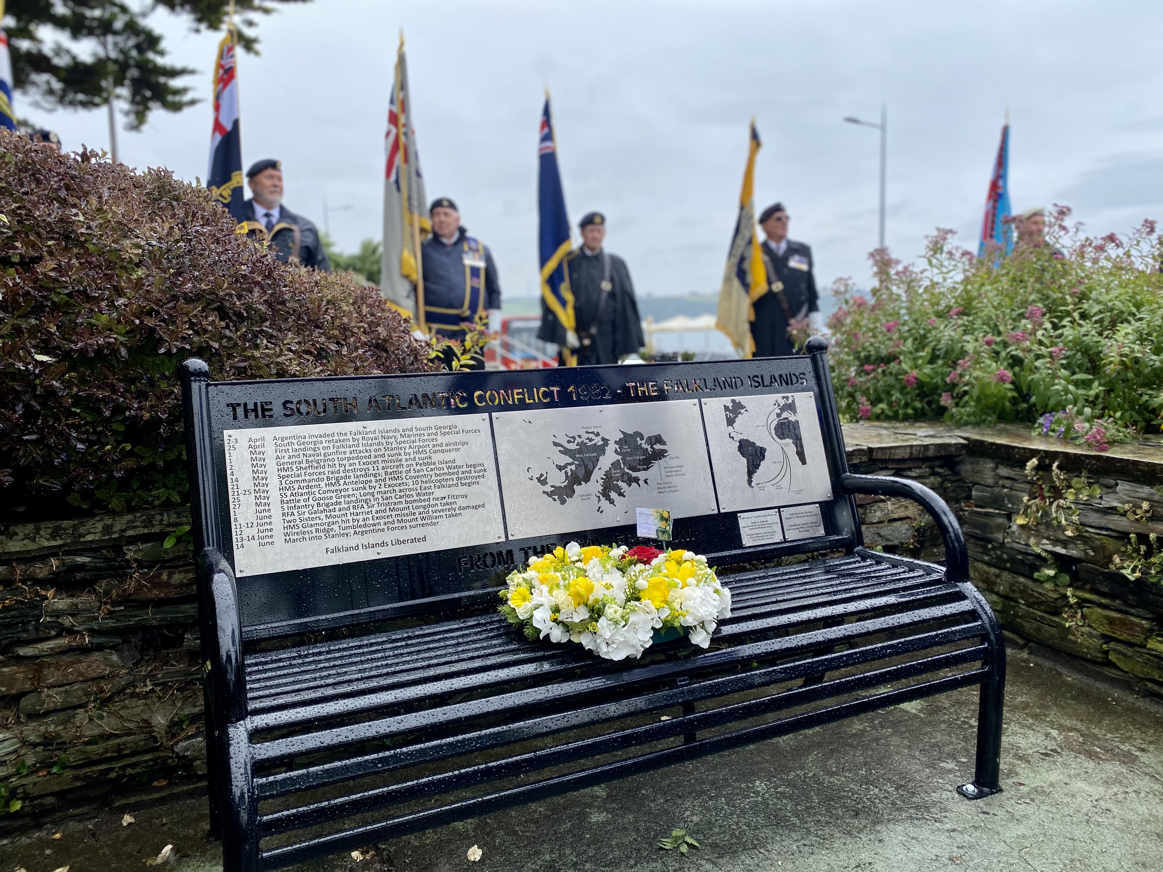 A memorial bench in Plymouth unveiled as the Falkland Islands flag was raised in Plymouth 