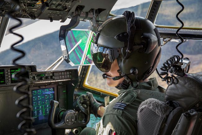 A pilot from C-130J Hercules 47 Squadron, based a Brize Norton, performing a low-level sortie over Northern Sweden