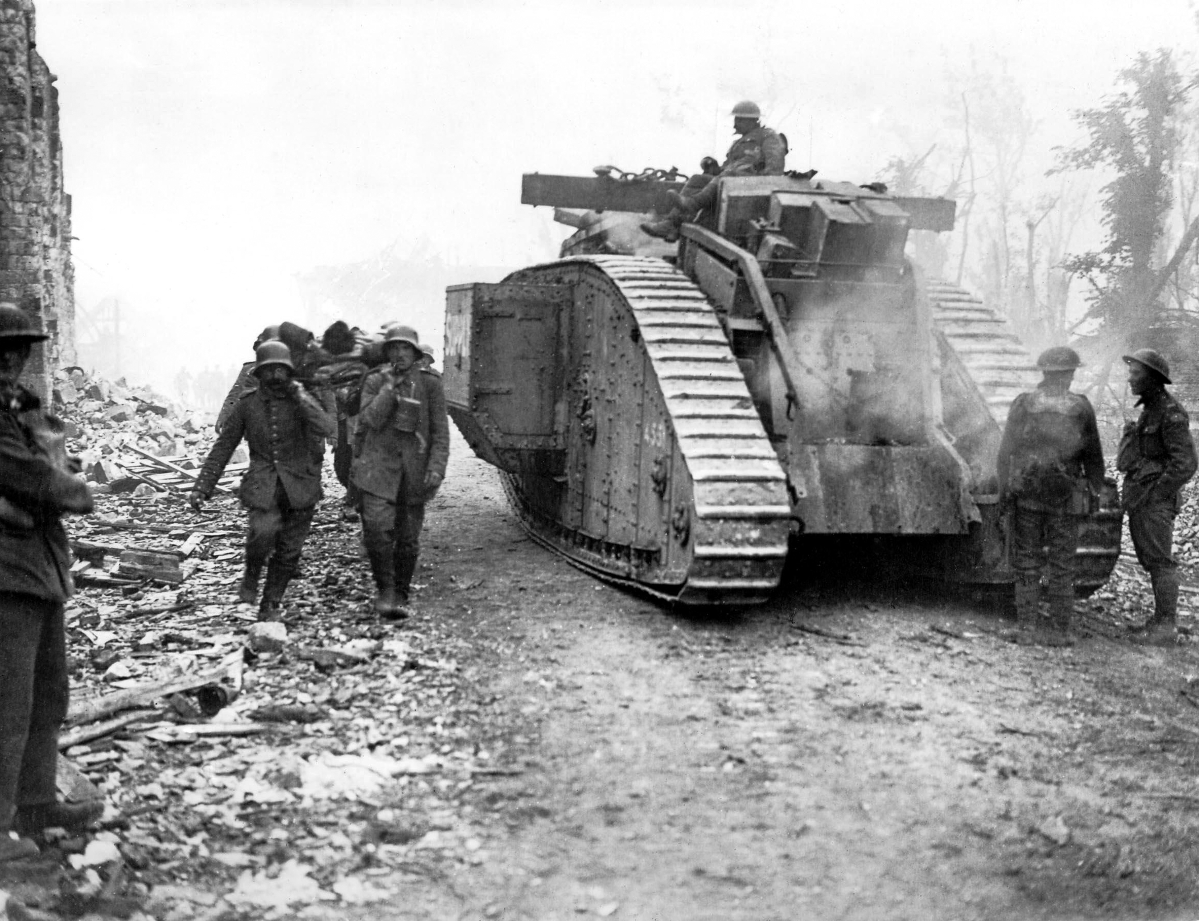 A surviving Mark IV Tank on the Amiens Road WW1 WWI World War One Western Front First World War 10081918 CREDIT PA