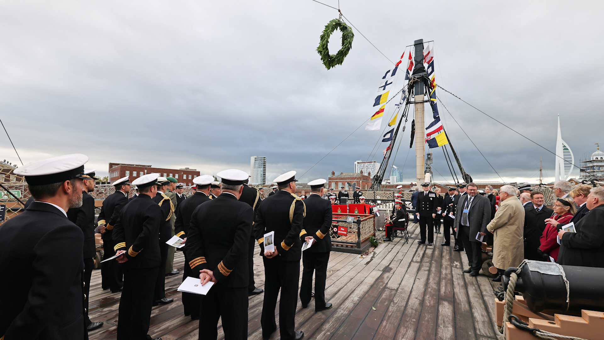 A view from the Quarter Deck of HMS Victory looking forward during the Trafalgar Day Ceremony (Picture: MOD).