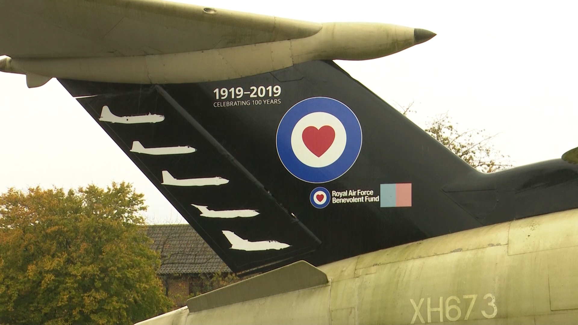 A view of the tail fin of the RAF Marham Victor jet gate guardian.