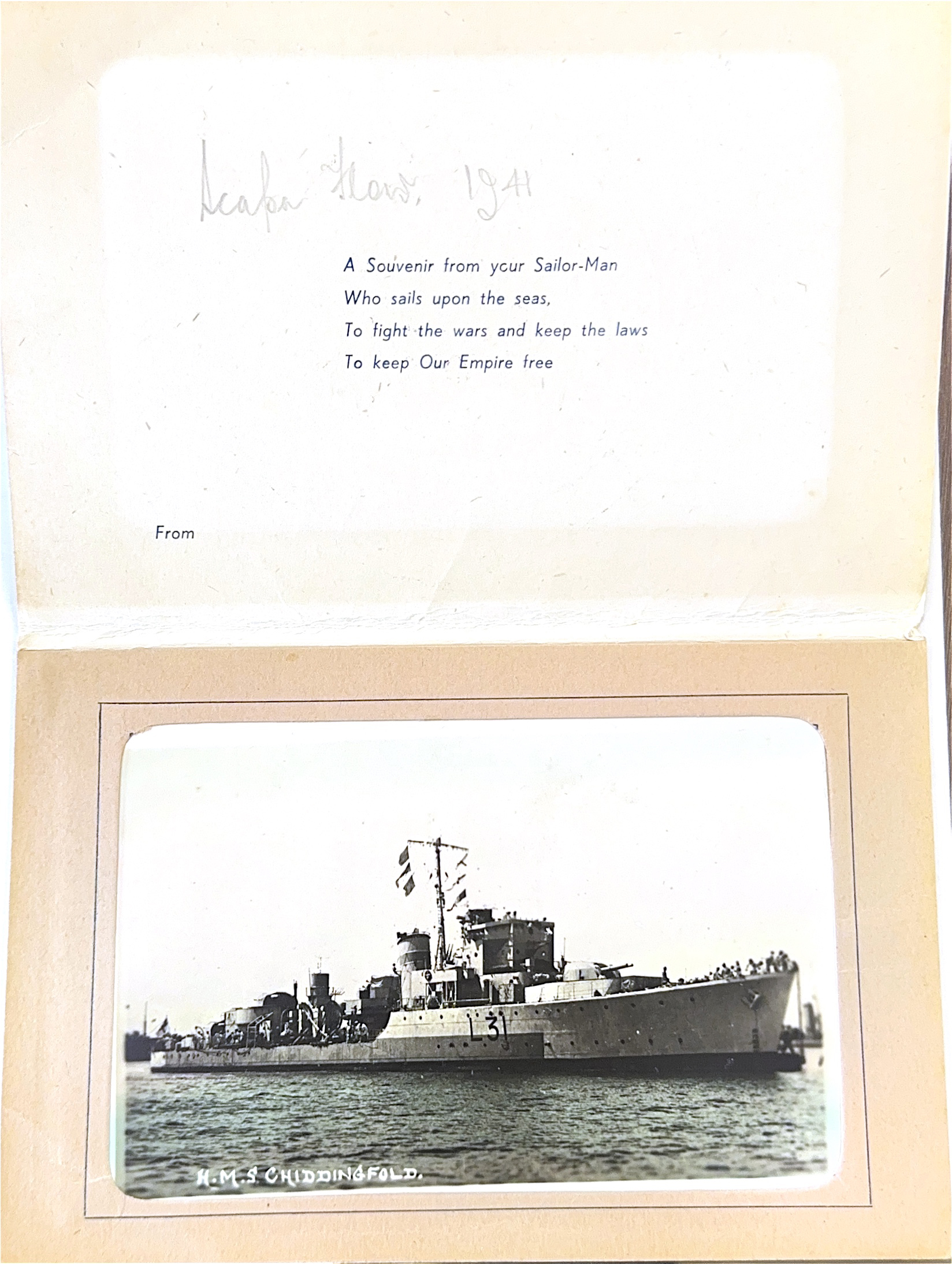 A wartime postcard featuring HMS Chiddingfold