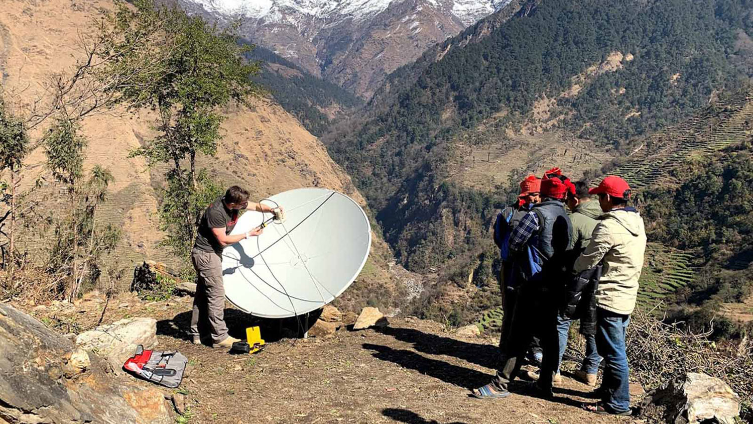 A BFBS satellite dish being installed in Nepal CREDIT BFBS