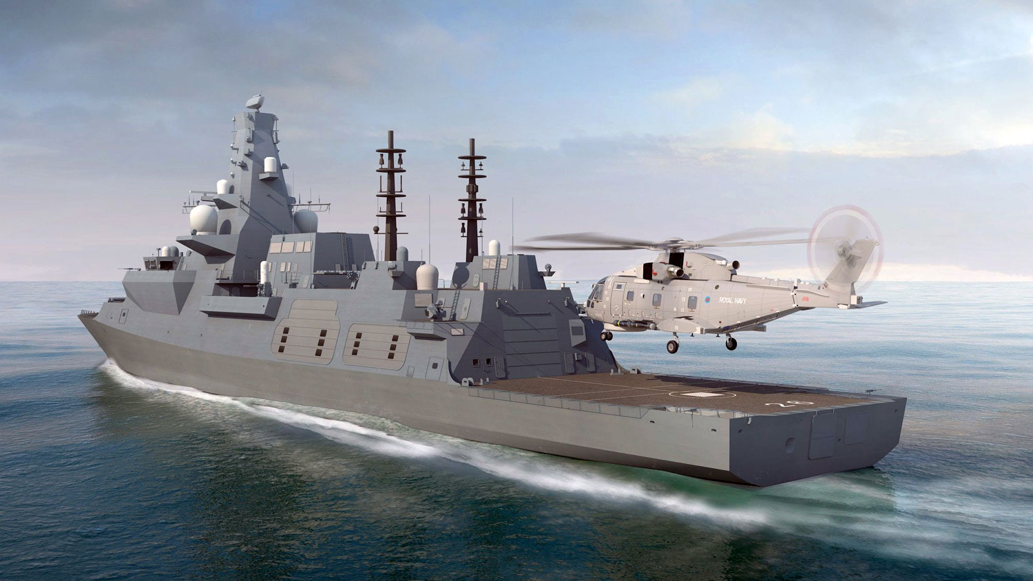 A computer graphic of a Merlin operating from the future HMS Belfast CREDIT Royal Navy