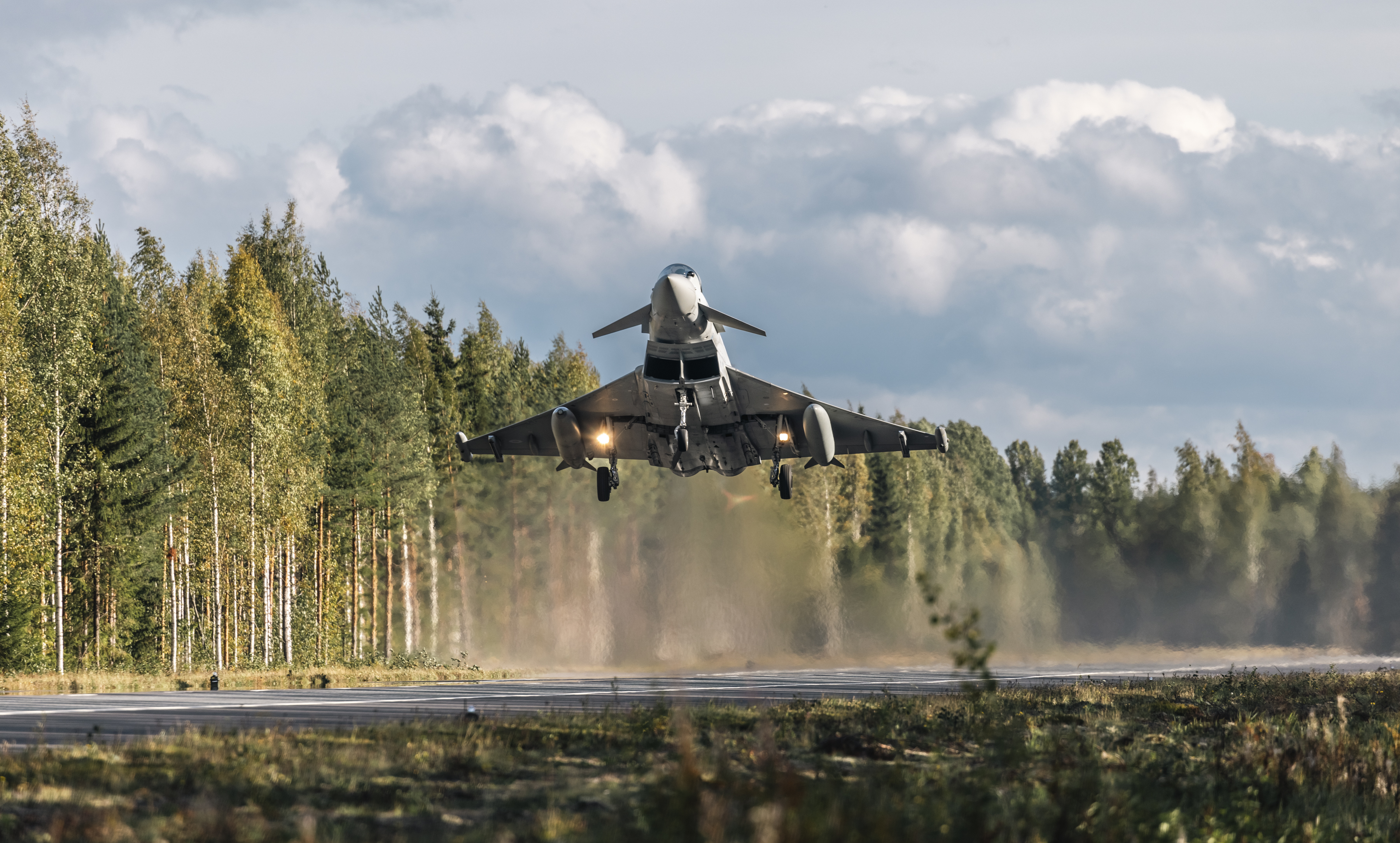 Royal Air Force Typhoons complete a landing and take off on an Emergency Landing Strip on a remote road in Finland (Picture: RAF).