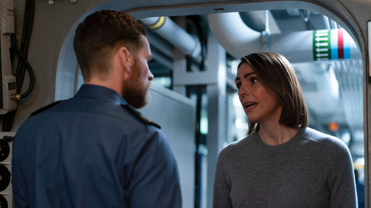 Actors Shaun Evans and Suranne Jones film a scene on a fictional submarine for Vigil series one CREDIT BBC / World Productions