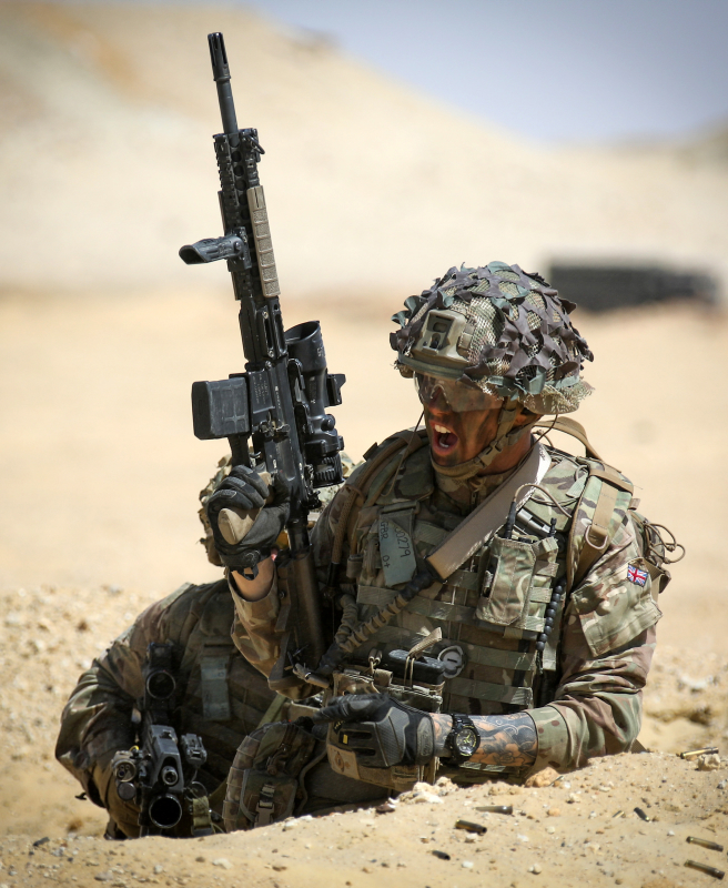 A member of C Company, 2 Royal Anglian, seen here on exercise AHMOSE 1, at the Egyptian army base Mohamed Naguib, just outside of Alexandria.