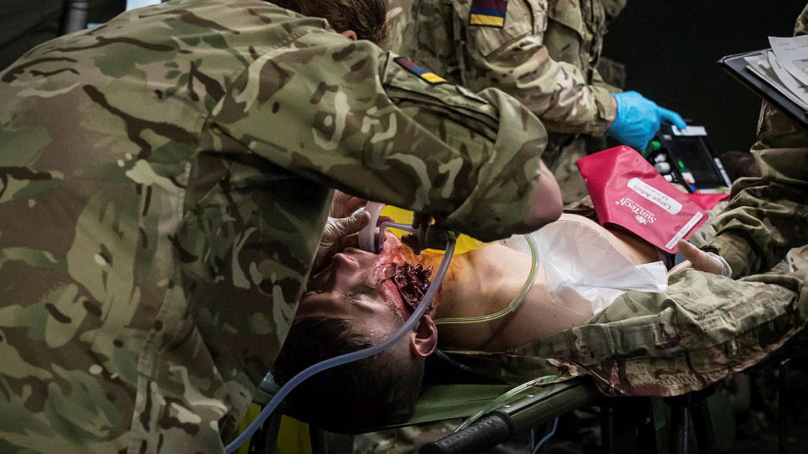 British Army medic treats a simulated casualty on Exercise Serpent Run in 2017 Credit: UK MOD © Crown copyright 2017 / Mr Dominic King