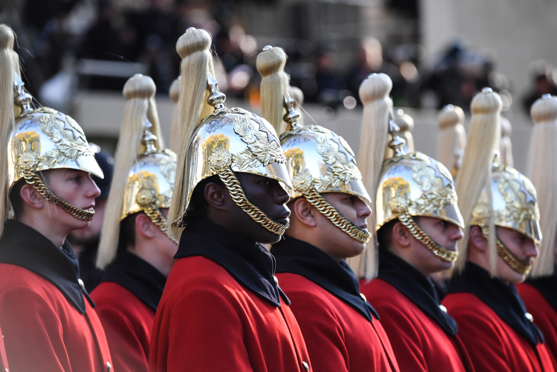 Troopers from the Household Cavalry Mounted Regiment, The Lifeguards on parade at the Cenotaph for Remembrance Sunday.