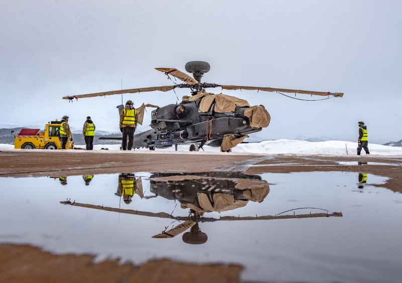 the British Army's Apache helicopter, sitting on the pan inside the Arctic Circle of Norway.