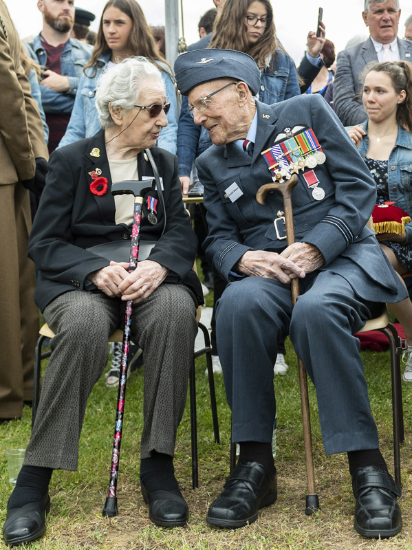 two RAF veterans, sharing their memories at an event paying tribute to those who secured Pegasus Bridge in France 75 years ago.