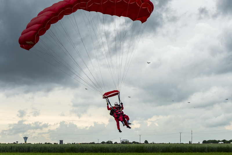 D-Day veteran Harry Read 95yrs, tandem parachuting into Sannerville, France.