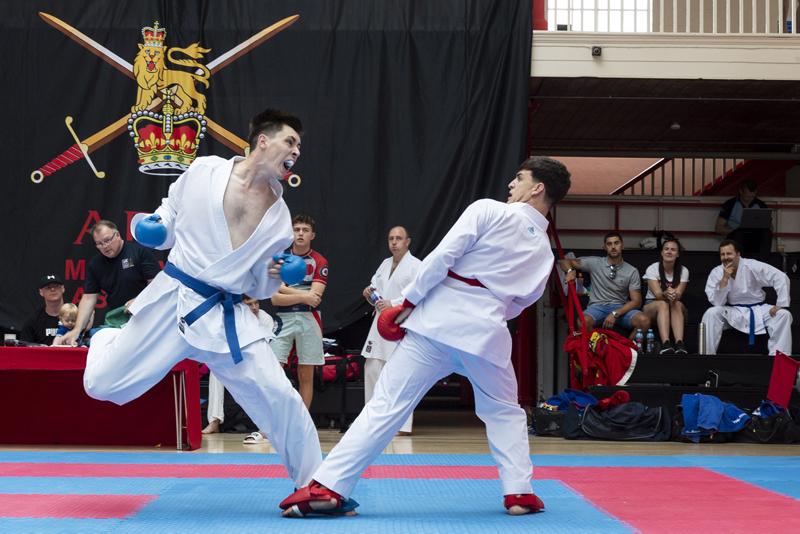 Lance Corporal (L/Cpl) Sam Williams (Left), lunges at his opponent in the Karate event at the Inter-Services Martial Arts Championships 2019.