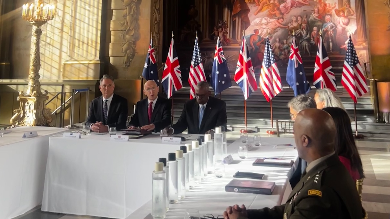 UK Defence Secretary John Healey is speaking with US Secretary of Defence Lloyd James Austin III and Australian Deputy Prime Minister and Defence Minister Richard Marles at the Old Royal Naval College, Greenwich as negotiations on the AUKUS treaty begin 